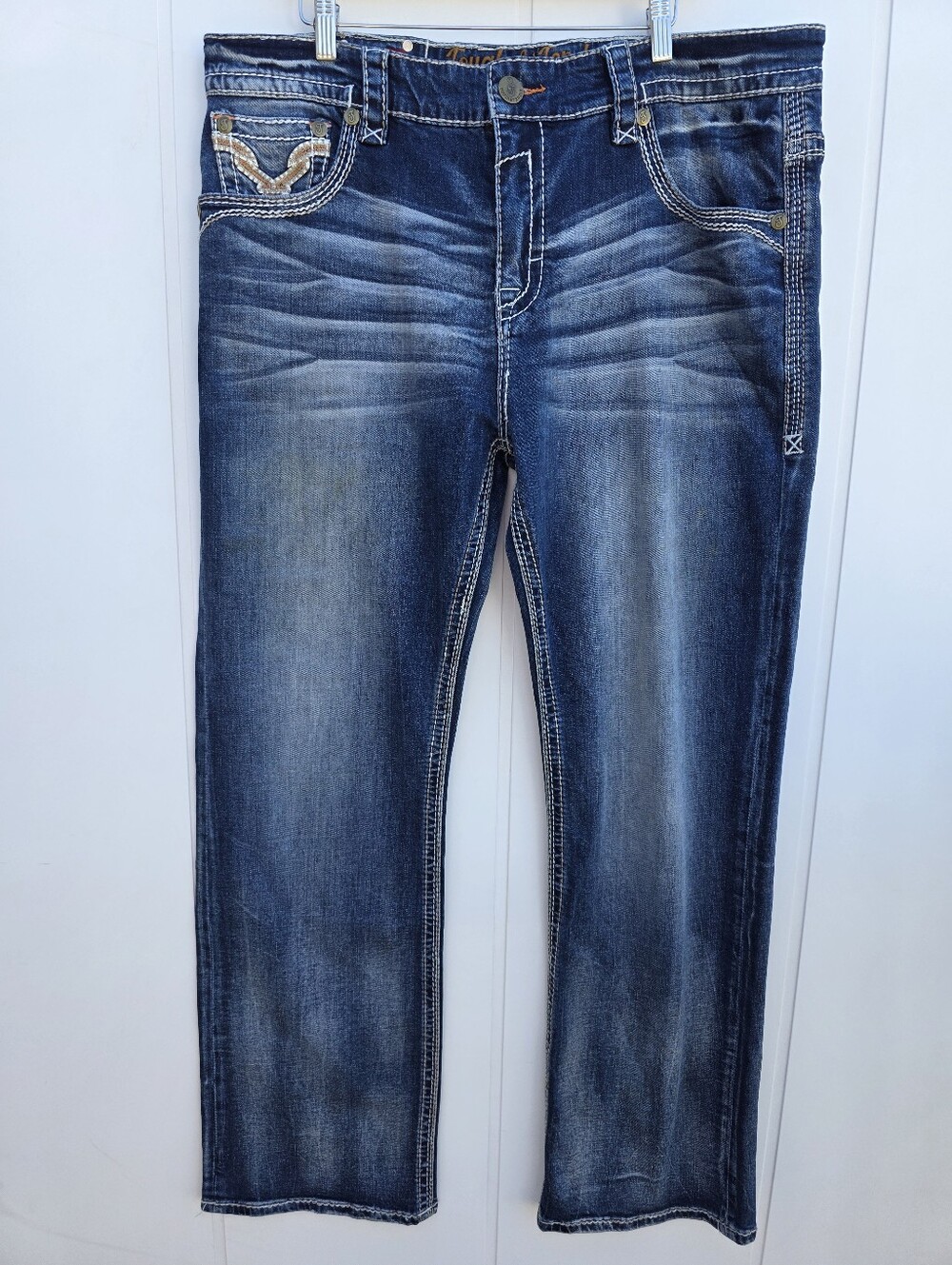 Tough & Tender Thick Stitch Distressed Straight Leg Boot Cut Denim Jeans Size 40